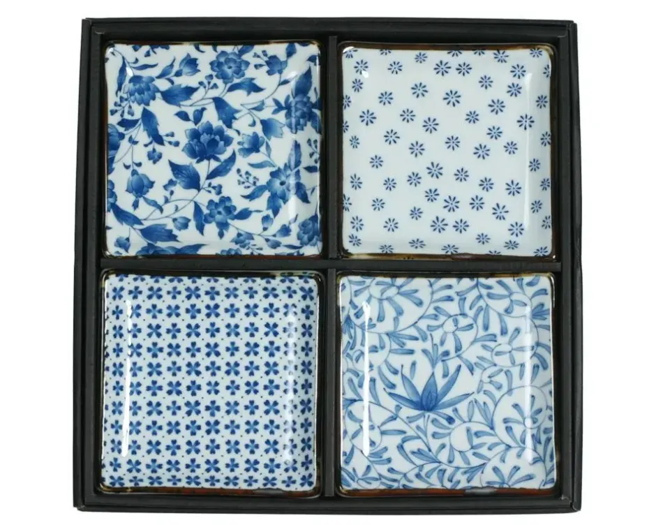 Plate Sets^MIYA Company Blue & White 5" Sq. Plate Set